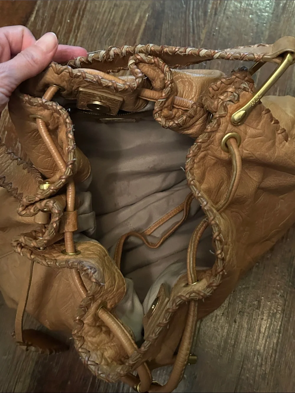 Ralph Lauren Tan Embossed Leather Drawstring Hobo